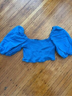 Zara Blue Puff-Sleeve Smocked Crop Top Size Small